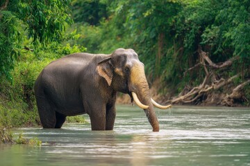 Fototapeta premium Male Asian elephant enjoying a bath in a sunlit tropical river
