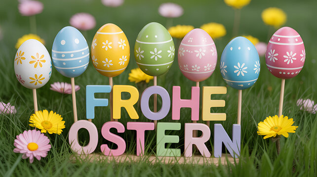 Colorful easter eggs on sticks with frohe ostern text in grass with flowers festive holiday decoration