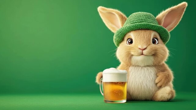 Cute bunny in green hat holding mug of beer on green background. Saint Patrick's Day, St Paddy's Day, St Patty's Day - Irish National Holiday and Cultural Celebration