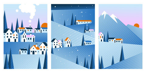Obraz premium Winter geometric landscape cards, abstract vector backgrounds with mountains and snowy village houses, night blue sky with crescent and sunrise. Seasonal posters, christmas postcard artworks