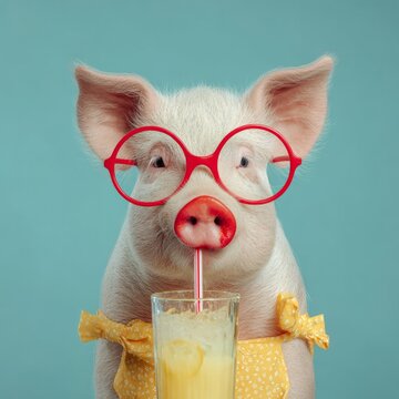 Cute Pig Wearing Red Glasses Drinking Juice