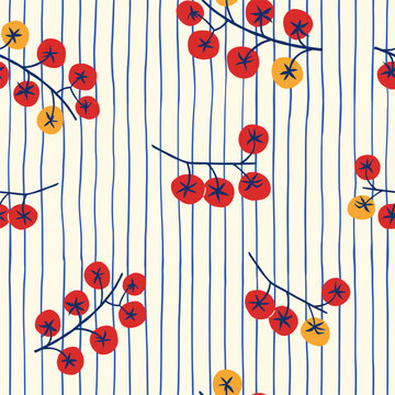 Seamless pattern with cherry tomato branches on a blue striped background. Cute flat vector design with red and yellow tomatoes. Perfect for kitchen decor, fabric, packaging, wallpaper, textiles