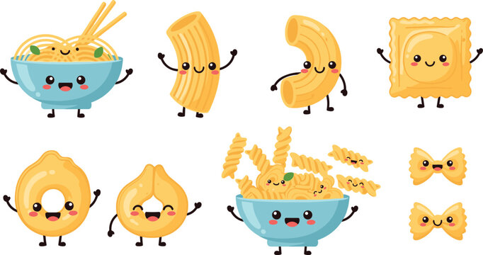 Cute kawaii pasta characters collection including noodle bowl macaroni ravioli farfalle fusilli and tortellini cartoon food mascots isolated on white background vector illustration.
