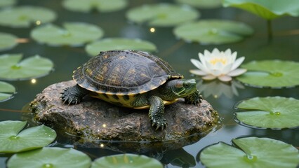 A serene turtle rests on a rock amidst floating lily pads and a blooming white water lily, creating an enchanting natural scene with soft focus.