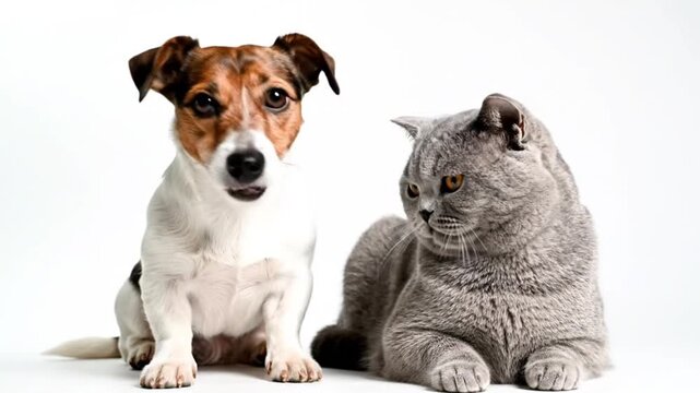 Dog and cat sitting together looking.