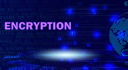 Digital encryption concept background with glowing purple text, binary code, padlock icons, and a global network sphere on a dark blue tech backdrop for cybersecurity and data protection.