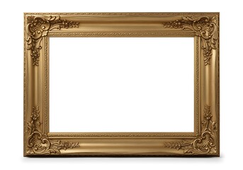 Ornate antique gold picture frame with decorative flourishes isolated on a white background