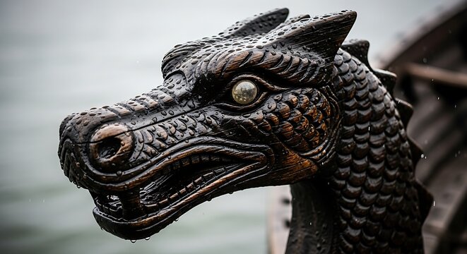 Detailed Dragon Head Carving on Ancient Ship Bow.