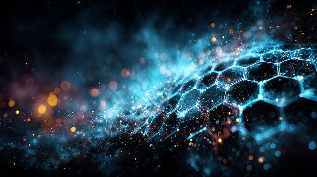 Abstract Technology Grid with Glowing Blue and Orange Particles