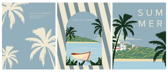 Fototapeta premium Summer backgrounds, island postcard, summer landscapes set of postcards, banners