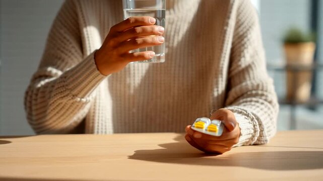 Person holding a glass of water and a blister pack of pills, symbolizing health and medication intake