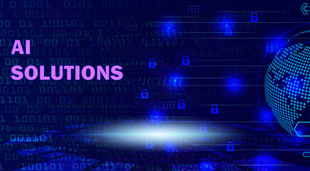 Obraz premium AI Solutions abstract digital background with glowing pink text, binary code, global network, and padlock icons for technology and cybersecurity