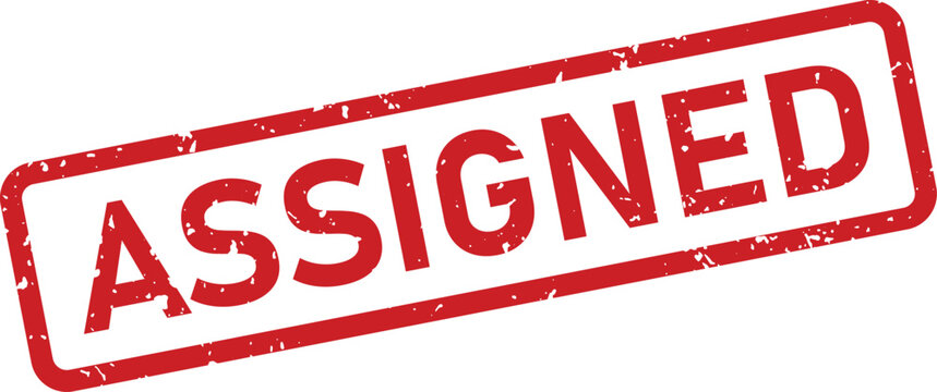 Red textured rectangular rubber stamp indicating an item or task has been officially assigned on a white surface