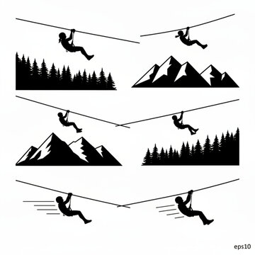 Zip Line Adventure Silhouettes Outdoor Activity Vector Icon Set