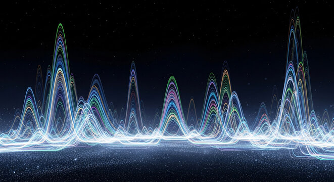 A dynamic colorful waveform illustrates sound frequencies on black.