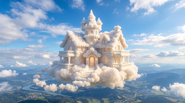 A majestic cloud castle floats above a serene landscape.