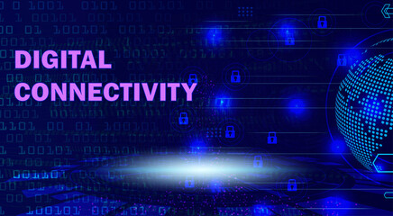 Fototapeta premium Digital Connectivity concept banner with glowing purple text, binary code, abstract blue globe, and network security lock icons on a dark blue background