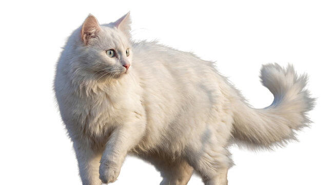 full-body studio photograph of a fluffy white turkish angora cat with striking blue eyes, standing alert and looking to the left.
