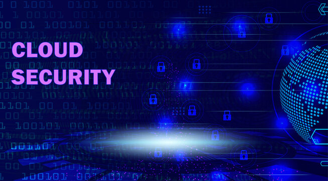 Cloud Security concept illustration with glowing pink text, binary code, digital earth globe, and padlock icons on a dark blue background, representing data protection and cybersecurity.