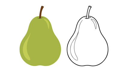 Illustration of a green pear next to a line drawing of a pear on a white background.