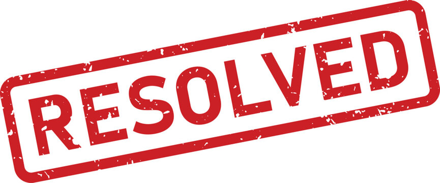 This image shows a red grunge effect rectangular stamp with the clear word RESOLVED