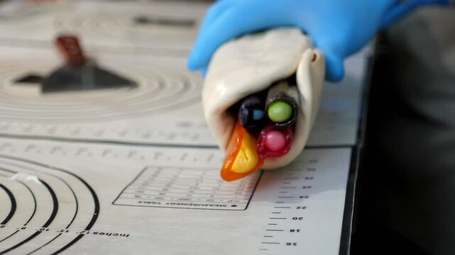 A close-up of a pastry chef carefully rolling out soft caramel, with a patterned ice cream-shaped design inside. This is the process of creating caramel candies with an intricate pattern inside.