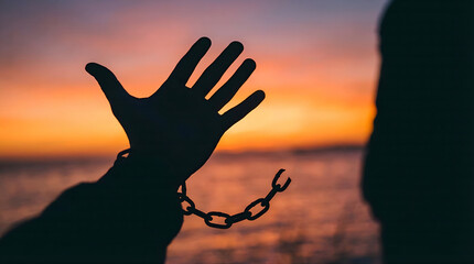 A silhouetted hand with a broken chain against a vibrant sunset, symbolizing freedom and overcoming obstacles
