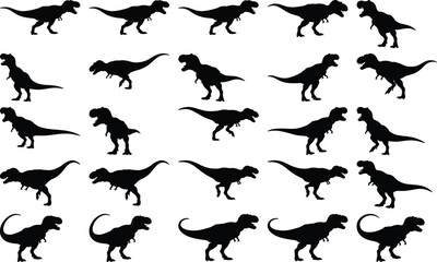 Diverse set of black Tyrannosaurus Rex dinosaur silhouettes captured in various energetic poses on a white canvas.