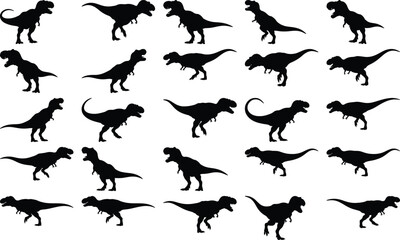 Group of black Tyrannosaurus Rex silhouettes showcasing different movements and postures on a plain white background, dinosaur vector art.