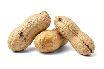 three whole peanuts in shells, one open, isolated on a transparent background, studio shot.