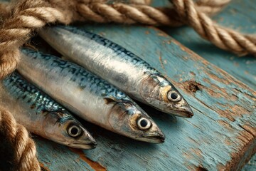 Obraz premium Fresh mackerel fish on rustic wooden board with rope