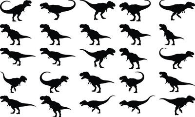 Array of black Tyrannosaurus Rex silhouettes in distinct stances and actions, isolated on a white background, prehistoric animal graphics.