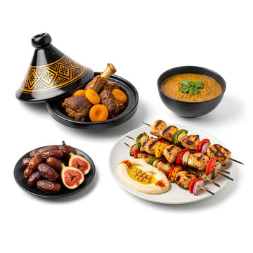 Traditional Moroccan Food Platter with Tagine and Kebabs.