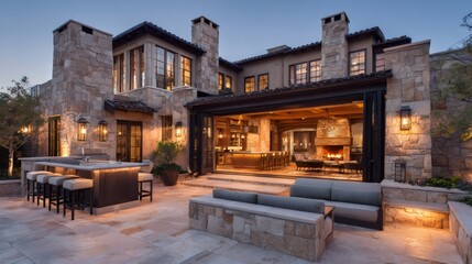 Fototapeta premium Luxury villa patio with outdoor kitchen and fireplace at evening