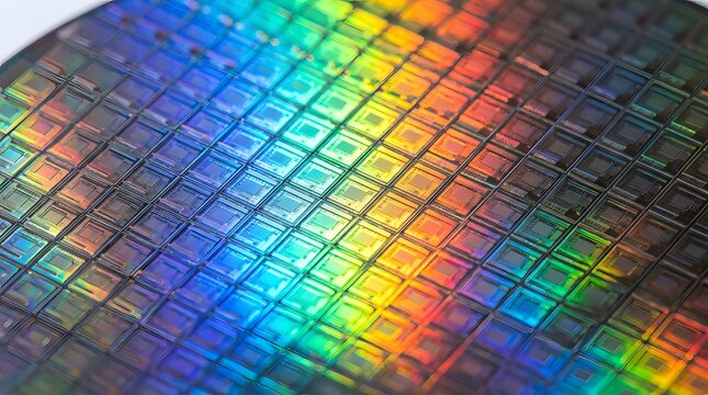 Extreme close up view of a semiconductor silicon wafer showing rainbow interference patterns and many integrated circuits.