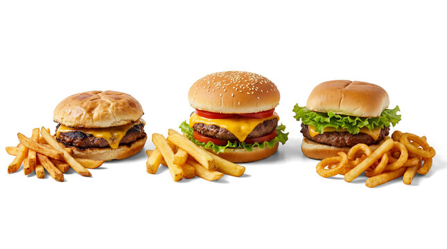 collection of three diverse burgers served with french fries and curly fries on a transparent background, emphasizing fast food.