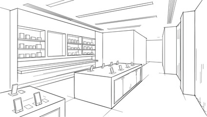 Fototapeta premium Architectural sketch of a modern electronics retail store featuring minimalist mobile phone display tables, accessory shelving, and linear ceiling lighting in a perspective view.
