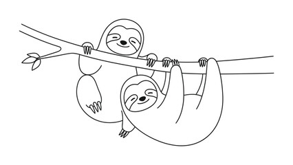 Fototapeta premium Sloths' bond on a Branch: Two sloths peacefully hang on a tree branch, their gentle smiles mirroring their serene existence in a tranquil natural environment, embodying a relaxed.