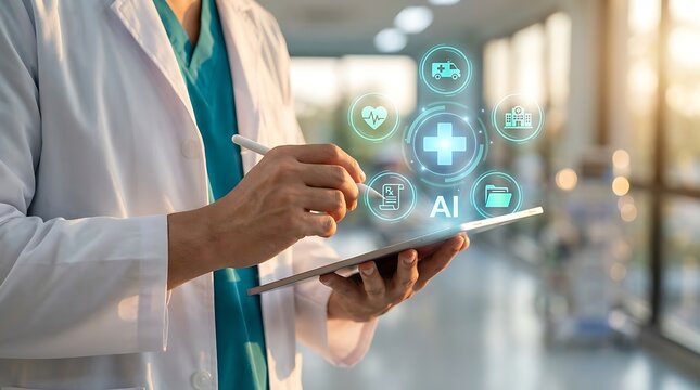 Doctor using tablet with artificial intelligence interface for healthcare data analysis in modern clinic