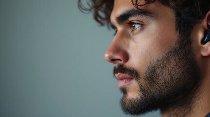 Obraz premium Gen Z Leader concept. Close-up profile of a focused young man wearing wireless earbuds.