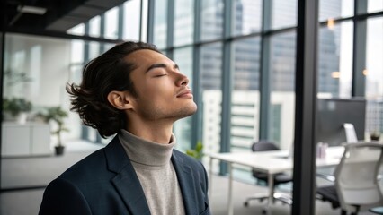 Fototapeta premium Gen Z Leader concept. Man in office with eyes closed, enjoying a calm moment of relaxation