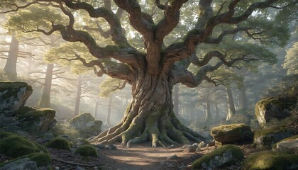 Naklejka premium Majestic ancient tree with sprawling roots in misty enchanted forest sunlight glow