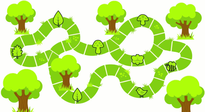 Kids board game path with nature elements, trees, leaves, mushrooms, bird, paw prints