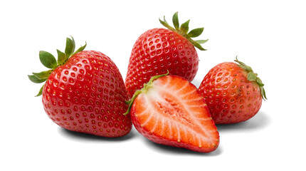 group of fresh, ripe red strawberries, with one sliced in half, isolated on a transparent background to highlight their vivid color and texture. © Kayleigh