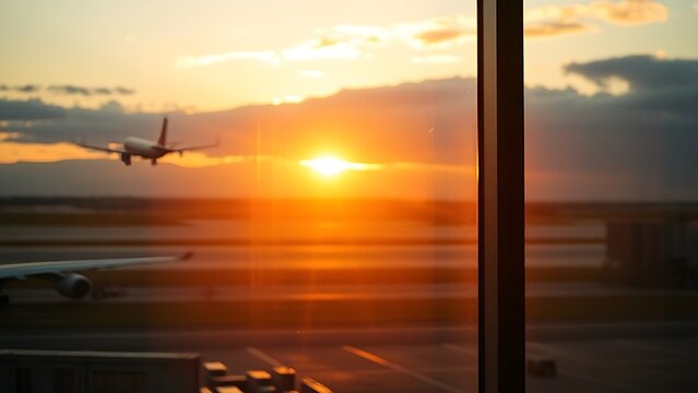 runway. An airport terminal window reflecting golden sunset light as a plane departs in the distance. inspiring travel planning.