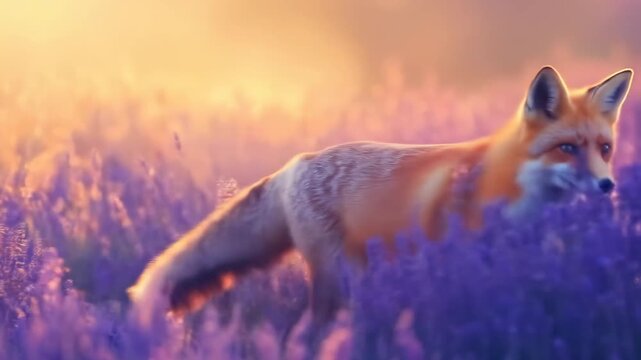 Red Fox Running Through Purple Flower Field