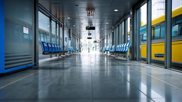 Empty transit station with blue seating and yellow railcars outside large windows