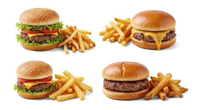 four distinct burger and french fry meals presented in a clean grid layout on a pure white background, png format.