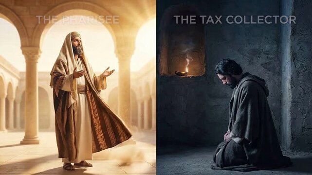 Pharisee in bright light and tax collector in deep shadow