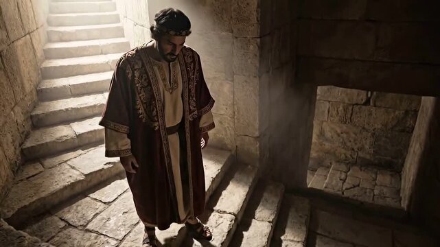Visual metaphor of a proud rich man stumbling on steps